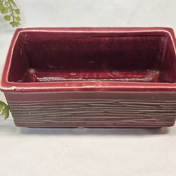 McCoy USA Pottery Burgundy Red Green Ribbed Window Box Planter Vintage 50s - Picture 2 of 10